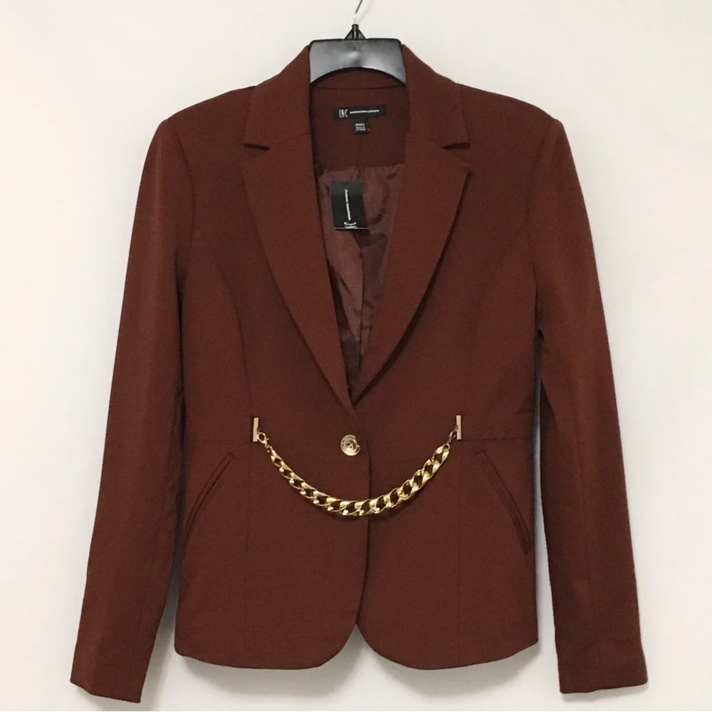 INC International Concepts Womens S Deep Sienna Brown Chain Trim Blazer Jacket - Picture 11 of 12